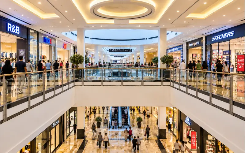 Shops at Al Khail Mall with shoppers