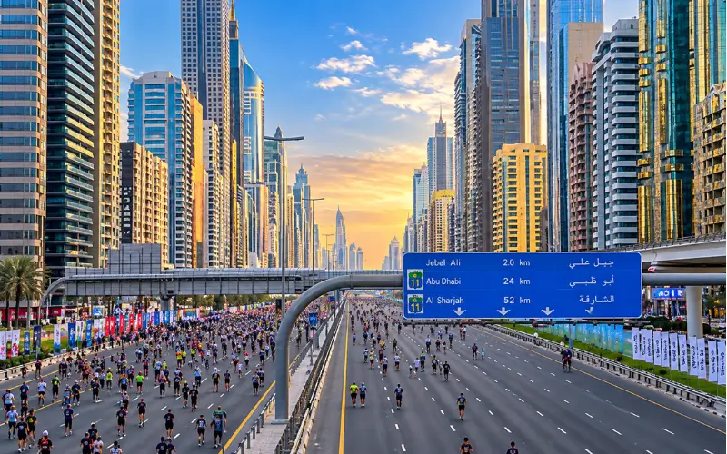 Sheikh Zayed Road E11 corridor with Dubai skyline and major highway connections