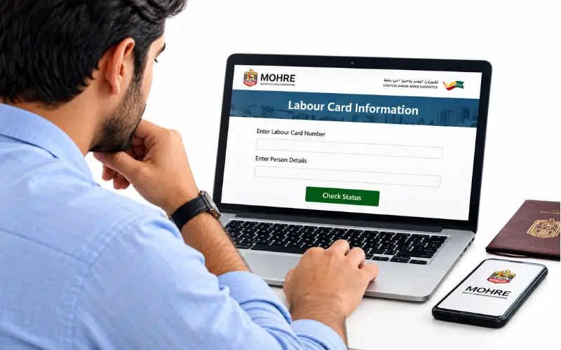 erson checking UAE Labour Card information online using a laptop and mobile phone.