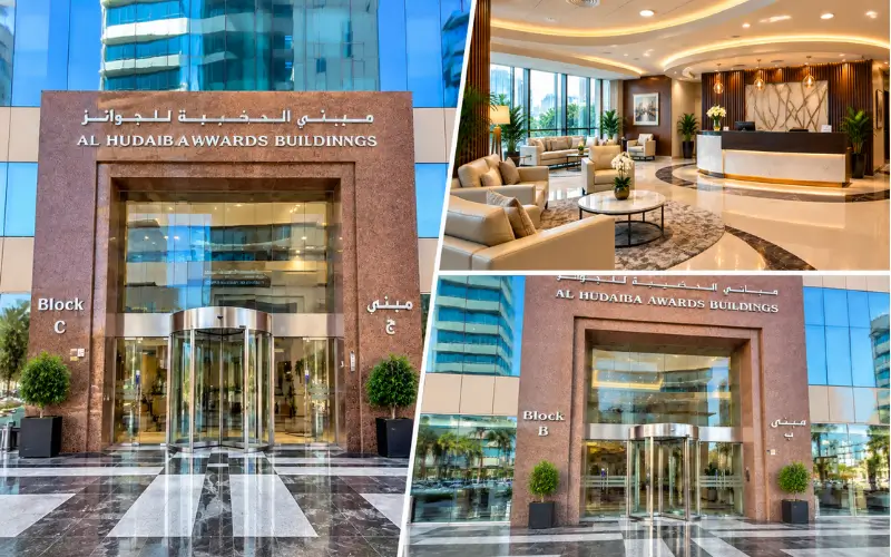 Al Hudaiba Awards Buildings blocks and offices featuring modern office entrances, reception lobby, and professional workspace facilities