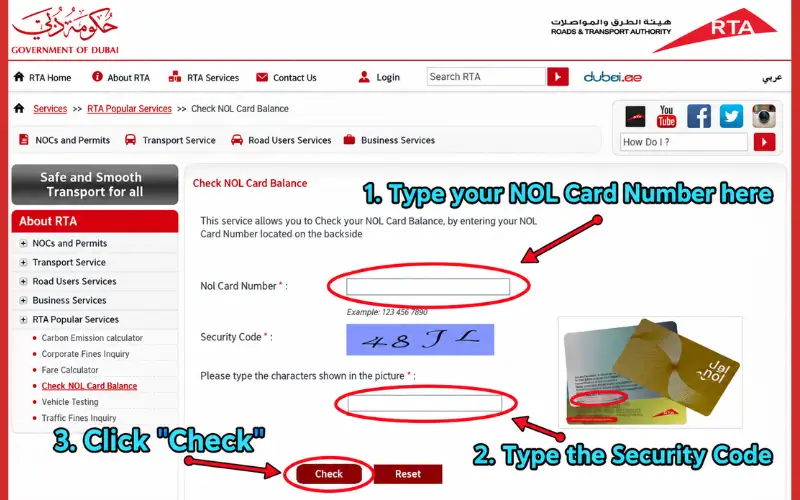 NOL Card Balance Check page showing the steps to enter the NOL card number, security code, and click Check.