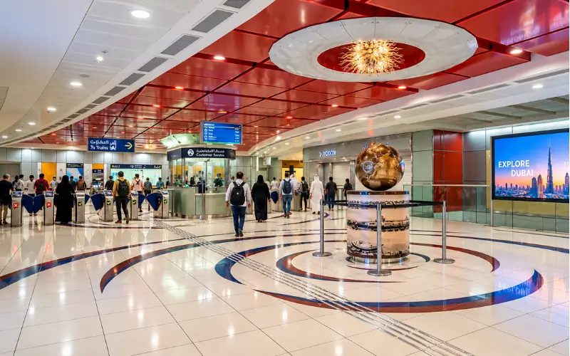 Salah Al Din Metro Station interior with ticket gates, customer service counter, commuters, and modern Dubai Metro facilities.
