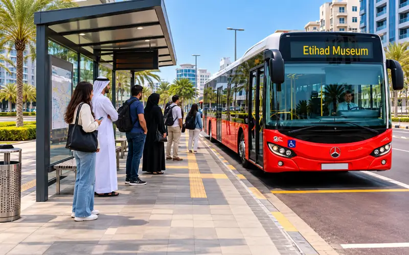 X28 bus arriving at a Dubai bus stop with passengers waiting under a shelter.
