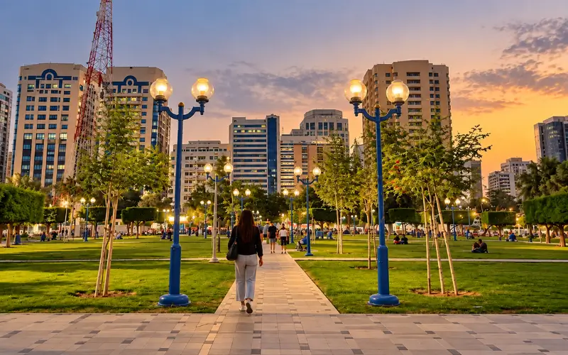 Electra Park walking path with green lawns, illuminated blue lamp posts, and visitors enjoying a short outdoor break at sunset.