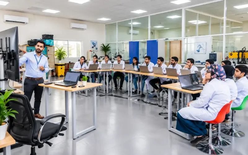 Hamdan Bin Rashid Al Maktoum Foundation for Medical and Educational Sciences training session at Al Hudaiba Awards Building with students in a modern classroom.