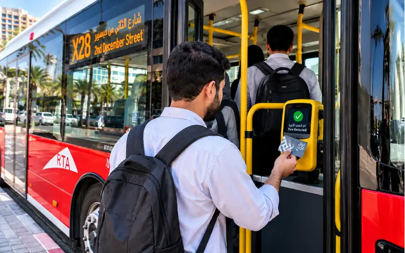Passenger paying for X28 bus fare with a Nol card at the RTA fare reader