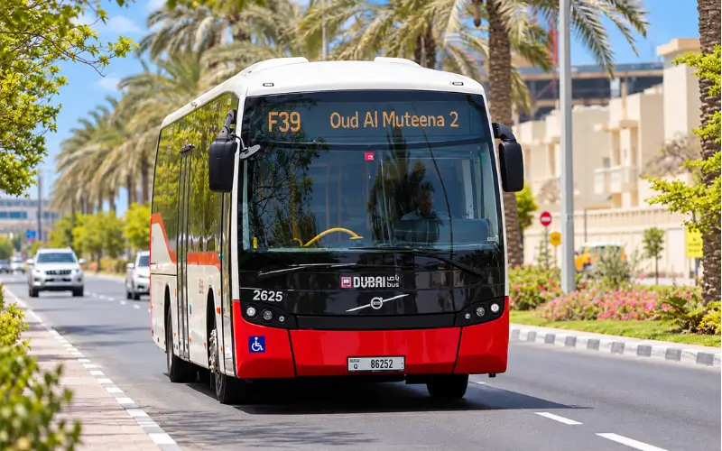 Public transport access in Oud Al Muteena Dubai with an RTA bus serving the local residential area.