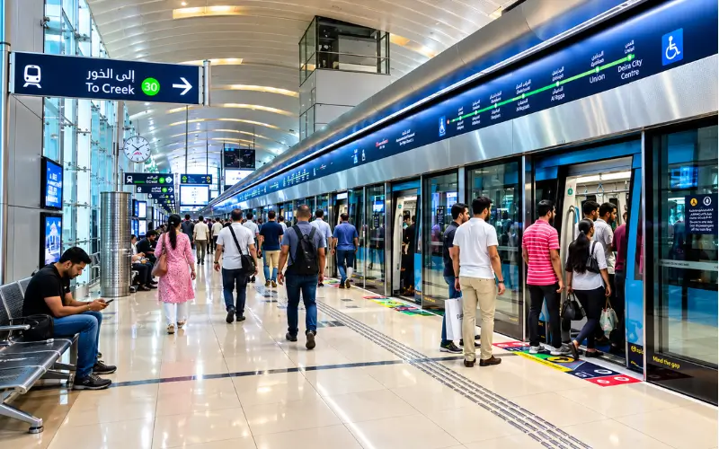 Salah Al Din Metro Station platform with passengers, a Dubai Metro train, and Green Line signs showing the direction to Creek.