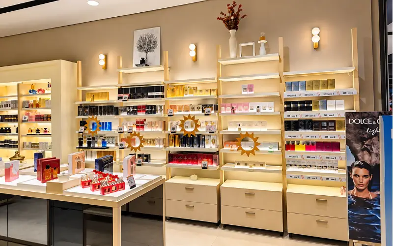 Silicon Central Mall perfume and cosmetics section featuring neatly arranged fragrances, beauty products, illuminated shelving, and a luxury retail display.