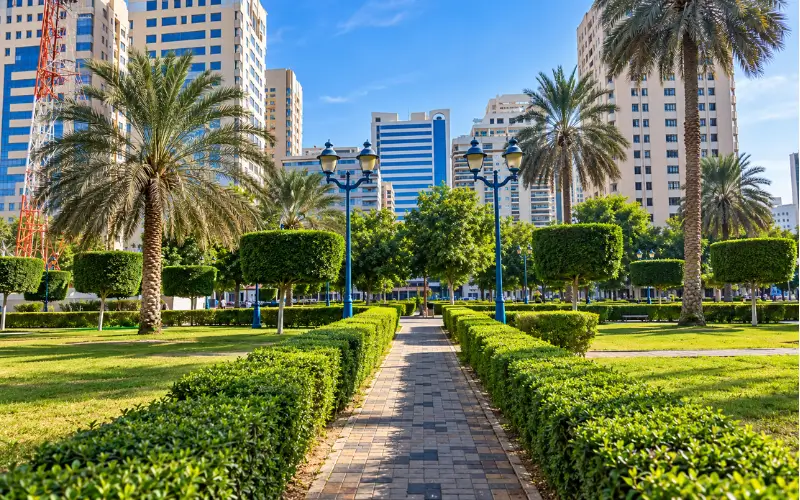 Relaxing in an Urban Green Space at Electra Park with manicured hedges, palm trees, walking paths, and city buildings.