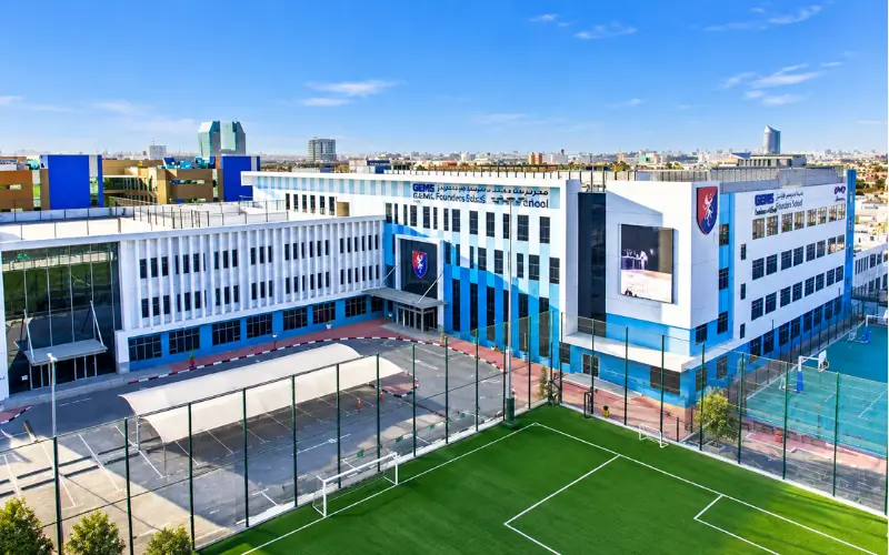 GEMS Founders School Mizhar, a school near Oud Al Muteena in Dubai with modern buildings and sports facilities.