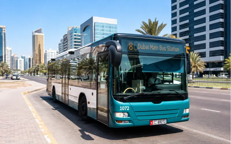 Electra Park public transport access with a city bus traveling through Abu Dhabi’s modern urban streets.