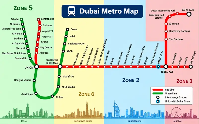 Dubai Metro map showing Red and Green Line stations, interchange points, and different fare zones.