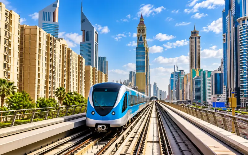 Sheikh Zayed Road Dubai Metro with Red Line train and city skyline