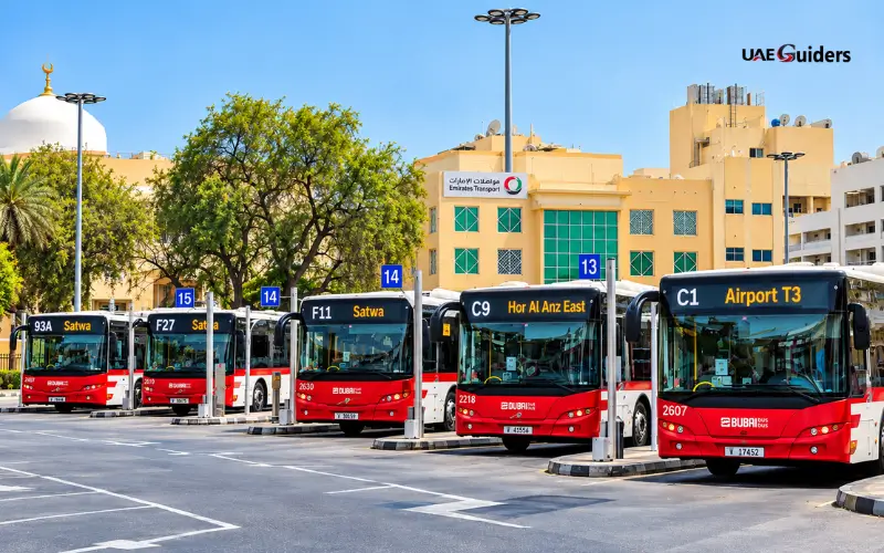 RTA buses at Al Satwa Bus Station with C1, C9, F11, F27 and 93A routes