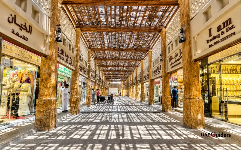 Traditional Souq in Ajman with covered walkways and jewellery shops.