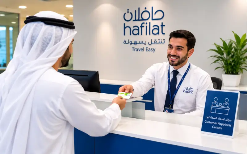 Customer handing over a Hafilat card for a balance check at an Abu Dhabi Customer Happiness Service Center.
