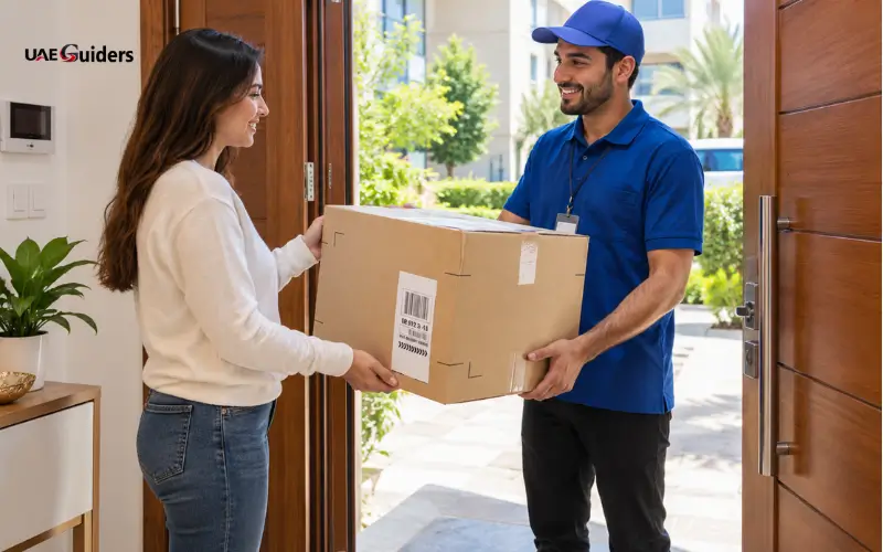 Abu Dhabi Postal Code parcel delivery by courier to a woman at home.