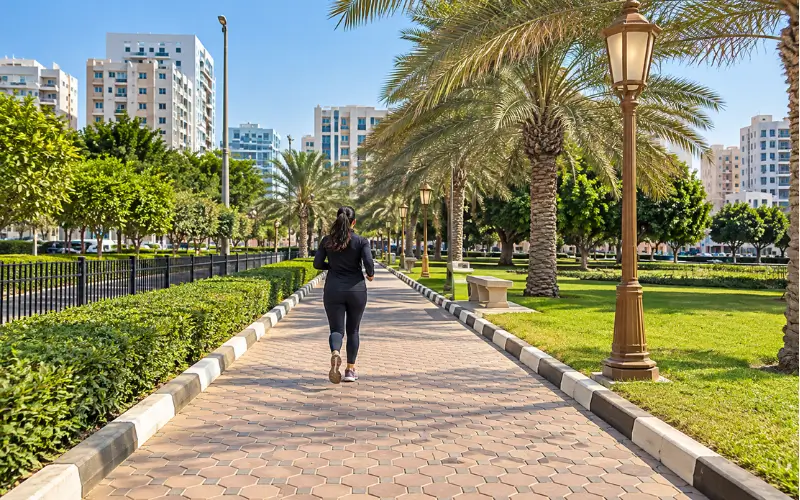 Al Mahatta Park Sharjah walking and jogging path with greenery.