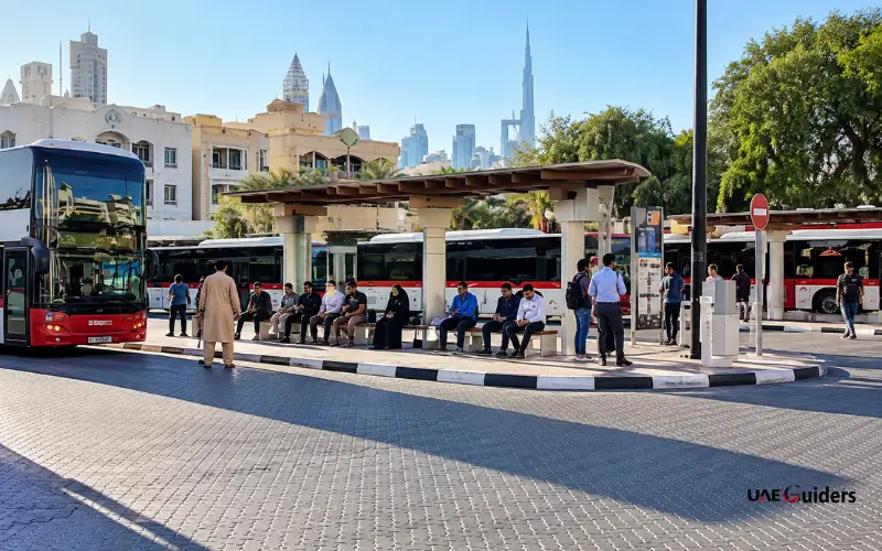 Al Satwa Bus Station facilities with bus shelters and passenger waiting areas