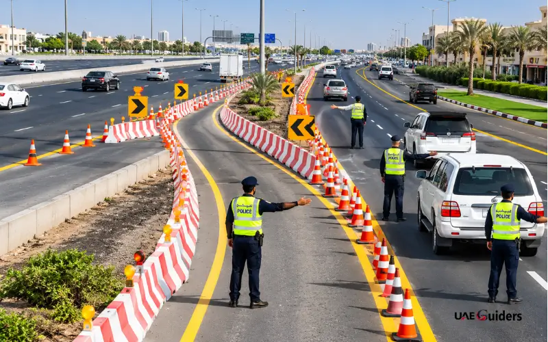 Mafraq Traffic Department officers directing vehicles during road traffic control.
