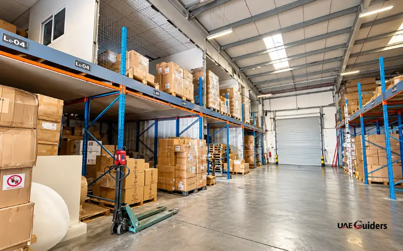 Al Quoz Industrial Area 4 warehouse storage racks and boxes.