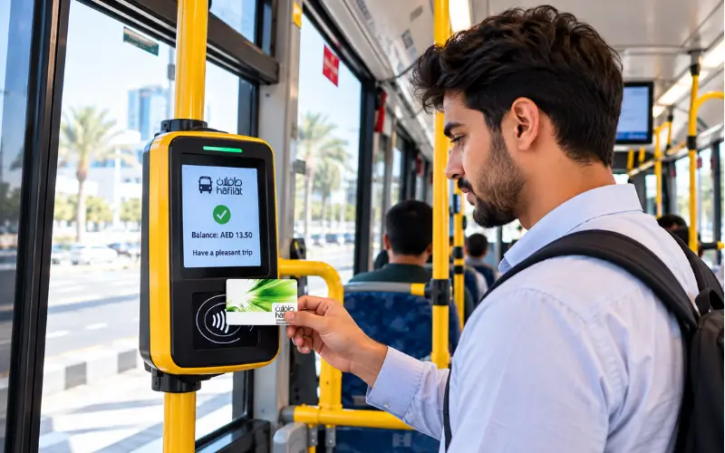 Hafilat card balance displayed on a bus reader while a passenger taps the card in Abu Dhabi.