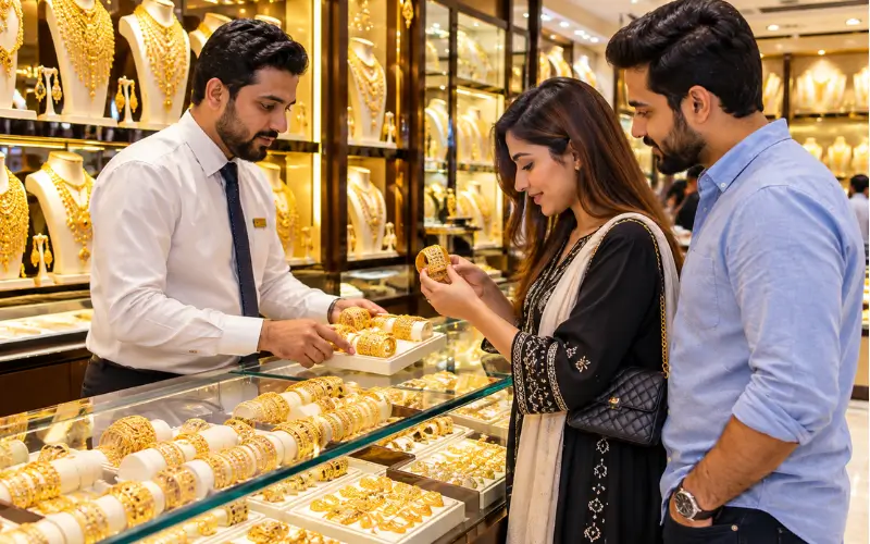 Woman shopping for gold bangles and jewellery at Ajman Gold Market.