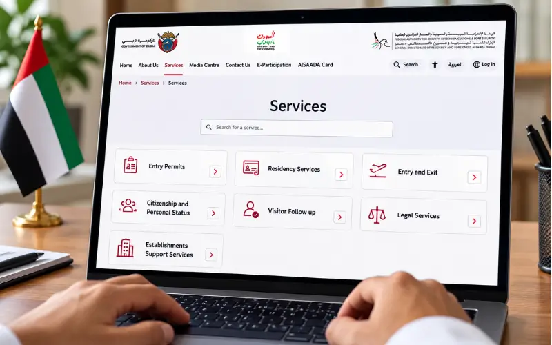 Al Aweer Immigration Office Dubai online immigration services portal on laptop