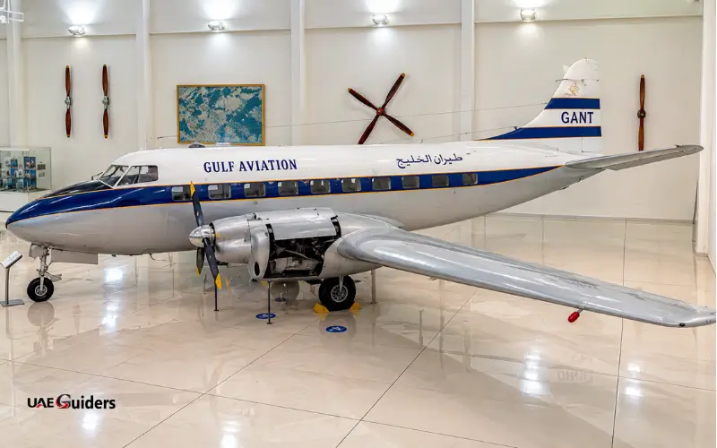 Vintage Gulf Aviation aircraft displayed inside Al Mahatta Museum Sharjah.