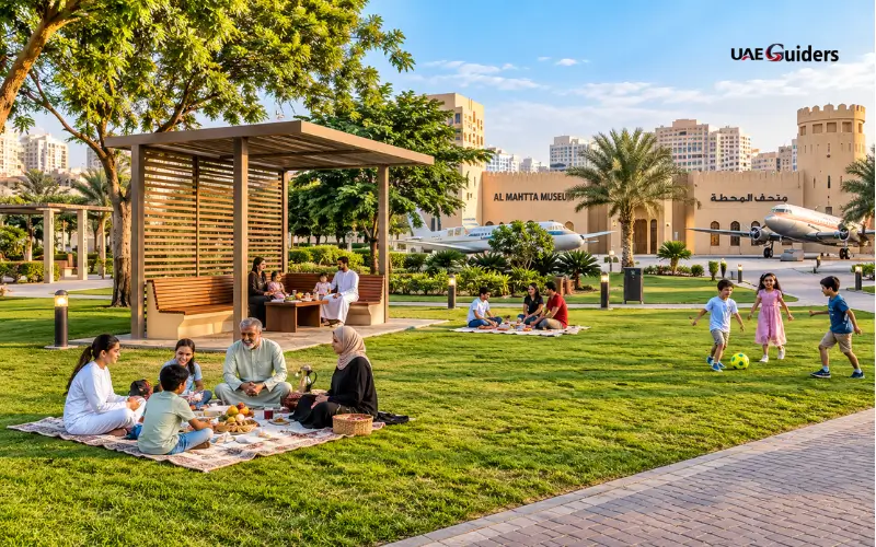 Al Mahatta Park Sharjah family picnic area with children playing on the lawn.
