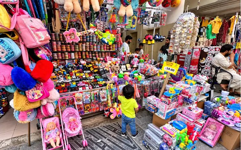 Al Ghuwair Market Sharjah toy shop with dolls, toy cars and colourful children's toys